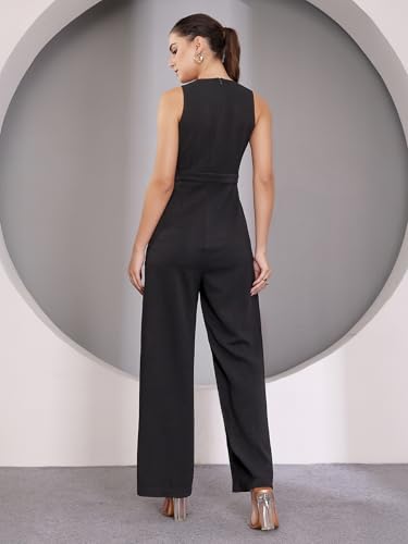 Image of Miss Chase Women's Halter Neck Sleeveless Solid Wide Leg Sequin Paneled Regular Length Jumpsuit