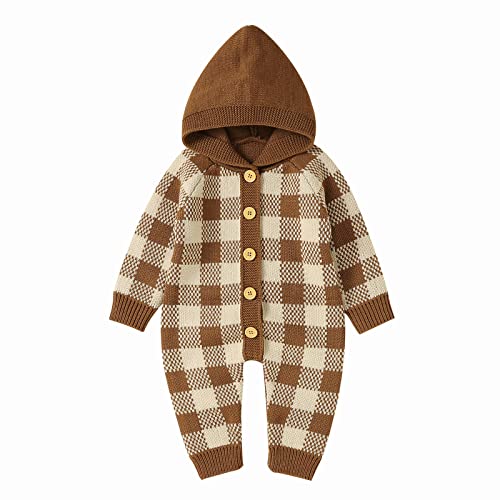 Image of TBUIALL Unisex Baby Girl Boy Knitted Romper Jumpsuit Plaid Button Down Hooded Sweater Playsuit Clothes Hoodies