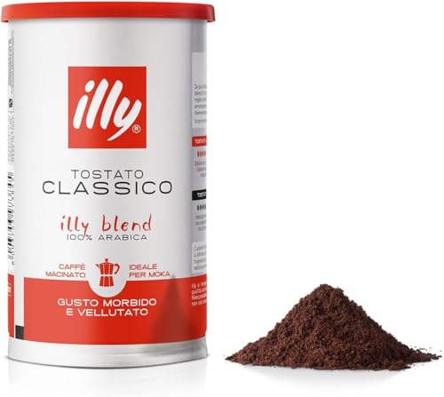 illy, Caffè Macinato per Moka Tostato CLASSICO, 100% Arabica con Note di Fiori d'Arancio e Gelsomino, Gusto Morbido e Retrogusto Dolce, Confezione da 12 Barattoli (12 x 185g)