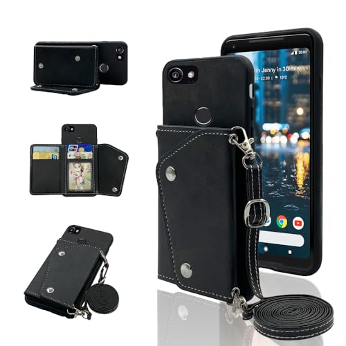 Funda tipo cartera compatible con Google Pixel 2XL con correa cruzada para el hombro y soporte de cuero para tarjetas de crédito, accesorios celulares, funda para teléfono para Pixle 2 XL Pixel2XL