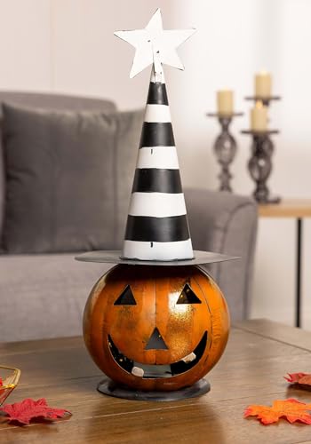 K&K Interiors 41186B 18 Inch Led Jack O Lantern with Black and White Hat, Orange
