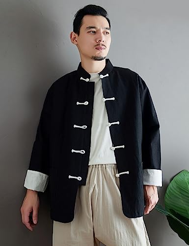 Ystylee Mens Tang Suit Shirt Long Sleeve Contrast Color Chinese Frog Buttons Lightweight Jacket4