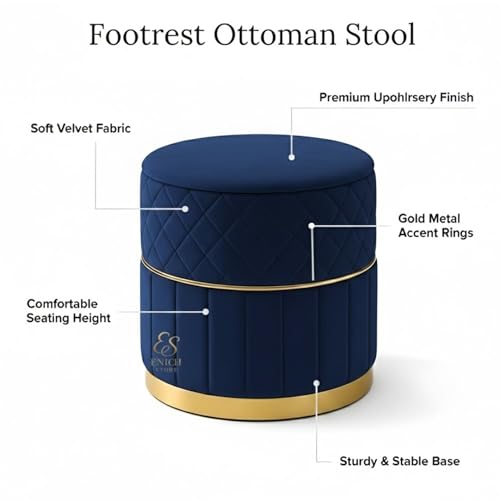Image of ENIQE STORE Set of 2 Round Velvet Ottoman Footstool Gold Base - Tufted Upholstered Pouffe Stool for Living Room, Bedroom & Dressing Area (Blue-2)
