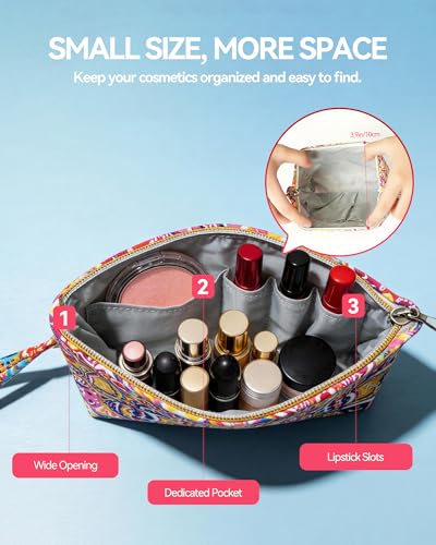 Image of Gloppie Small Makeup Bag for Purse Boho Cosmetic Sunscreen Bags for Women | Compact Travel Size, 4 Inner Storage Pockets, Multi-Use Pouch for Cosmetics & Jewelry, Wristlet Purse, Bohemian Geometric