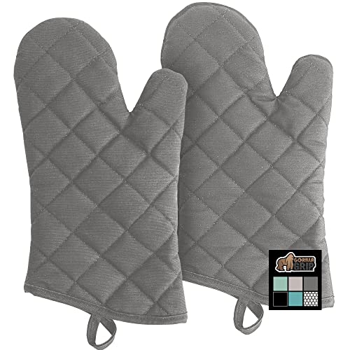 Gorilla Grip Heat Resistant Thick Cotton Oven Mitts And Pot Holder Sets, Quilted Lining, Strong Grip Kitchen Mitt, Short Hot Pads Pair, Cooking Baking Bbq Gloves, 13 Inch, Gray #TOP17
