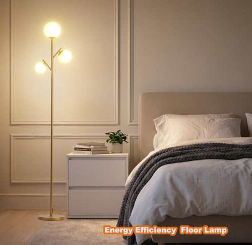 Image of Fiqevs 3 Globe Floor Lamp for Living Room, Mid Modern Standing Tree Lamp | 3000K Warm Light, 3 LED Bulbs Included, Orb Frosted Glass Shade contemporary Lamp for Bedroom /Office, Antique Brass /Gold