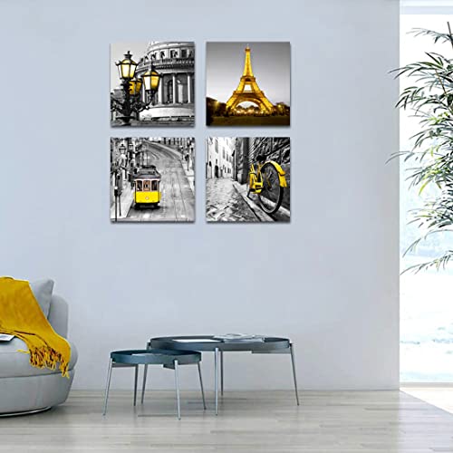 Faxiasho Yellow Paris Eiffel Tower Decor Black and White City Canvas Wall Art Modern Paris Pictures Artwork for Bedroom Living Room Bathroom Office Home Decor 12"X12"X4