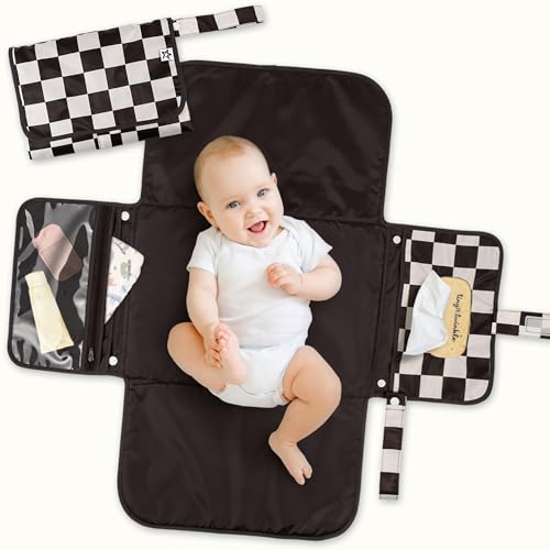 Image of Tiny Twinkle Portable Diaper Changing Pad | Waterproof, Wipeable & Compact Baby Changing Pad for Travel | Smart Wipes Pocket & Organized Storage| Newborn Shower Gift (Black Checkers)