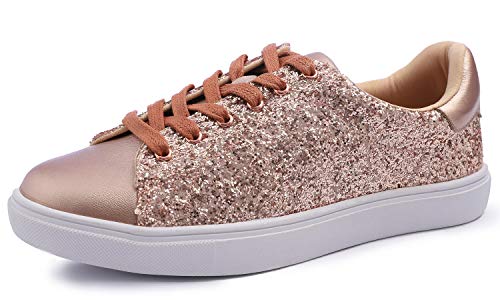 Image of FEVERSOLE Women's Fashion Lace Up Dress Sneakers Sparkly Party Shiny Shoes