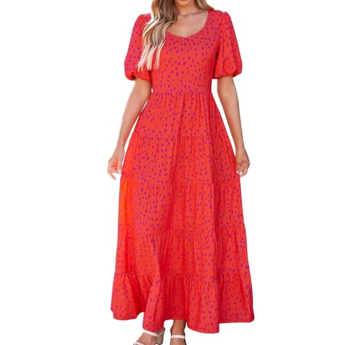 Dresses for Women Sundress Puff Short Sleeve Crewneck Dress Boho Floral Sundress Beach Vacation Dresses Summer 2025