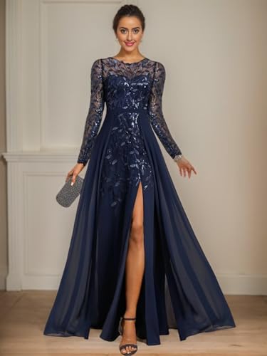 OFEYCHUN Long Sleeve Mother of The Bride Dresses Chiffon Sequin Wedding Guest Dress with Slit Lace Empire Waist Formal Dress3