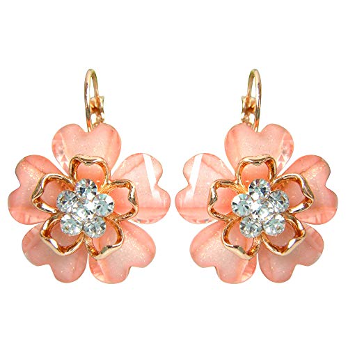 Navachi 18k Gold Plated White Crystal Acetate Blooming Flowers Leverback Earrings
