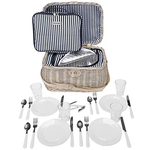 anndora Picknickkorb Shabby helle Natur Weide - mit Isolierfach herausnehmbar blau gestreift - inkl. Zubehör 21 Teile - 4 Personen - Tragegurt