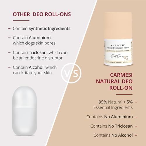 Image of Carmesi Natural Underarm Roll On Deodorant Combo | 95% Natural + 5% Essential Ingredients | For Fresh Underarms All Day | No Alcohol & Aluminium | Citrus Sea, Sweet Summer, Floral Sunset (3 x 50 ml)