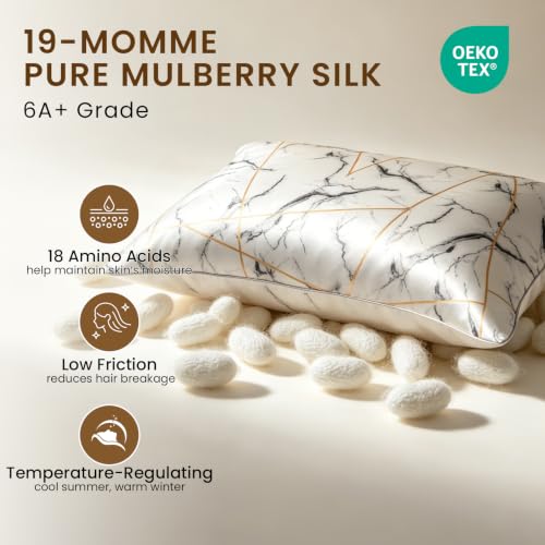 Image of THXSILK Set of 2 Natural Mulberry Silk Pillowcase for Hair and Skin, Grade 6A+ Mulberry Silk Pillow Case, Durable, Soft and Breathable Silk Pillow Case (King 20 inchx36 inch, White Marble)
