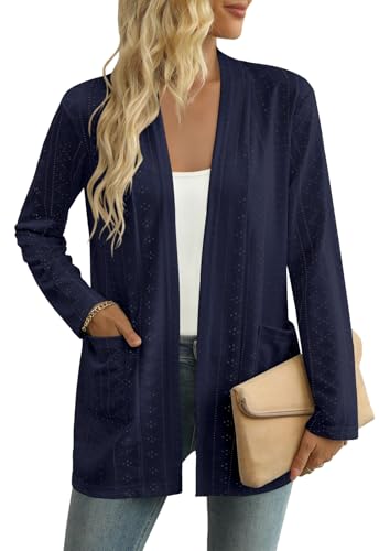 Yincro Women's Lightweight Open Front Cardigan Casual Long Sleeve Loose Cardigans with Pockets (Navy Blue, L)