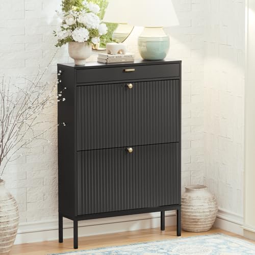 Yechen Shoe Cabinet with Fluted Panel Doors, Modern 2 Flip Drawer Entryway Shoe Organizer, Hidden Shoe Rack with Small Drawer for Living Room, Hallway, Dark Black