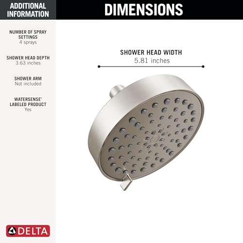 Image of Delta Modern 4-Setting Brushed Nickel Shower Head, 5.75 Inch Round Shower Head, 1.75 GPM Flow Rate, Spotshield Stainless 52401-SP