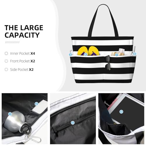 Modern Bathroom Classic Black And White Striped Extra Large Beach Tote Bag – Beach Vacation Essentials With 7 Pockets, Durable Polyester Carryall For Swim, Pool & Camping3