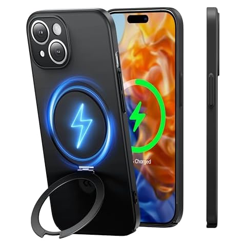CASEKOO Magnetic Stand Slim-Fit for iPhone 15 Case [MagSafe-Compatible][Lens Protection][Ultra Thin][Velvety Touch][Cushioning Cotton] Matte Hard Anti-Scratch Case for iPhone 15, Gemstone Black Cover
