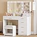 Hzuaneri Tocador de Maquillaje con 10 Globos de Luz LED, 3 Colores, Tocador con Enchufe y Espejo Grande, Taburete y Soporte para Secador de Pelo, Tocadores con Múltiples Cajones, Blanco DT42903XEU
