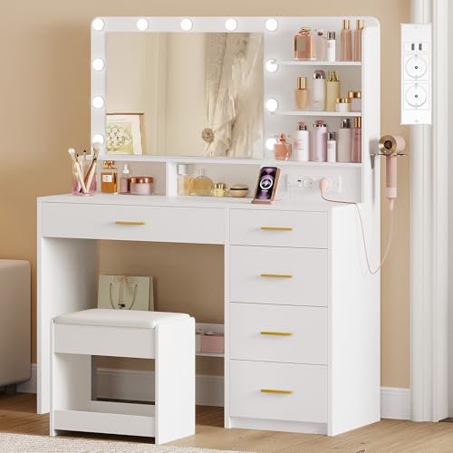 Hzuaneri Coiffeuse avec 10 Globes Lumineux LED, 3 Couleurs, Coiffeuse avec Prise Et Grand Miroir, Tabouret Et Support pour Sèche-Cheveux, Tiroirs Multiples,...