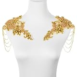 Gold Pair Beaded Rhinestones Applique Embellishment for Clothes,Epaulettes Shoulder Patches Sew-on Diamond Sequin Applique for Wedding Dress DIY Accessories