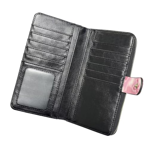 Image of COEQINE Ladies Wallets Pink Leopard Heart Black Printed Leather Phone Long Clutch Purses Check Coin Change Holder