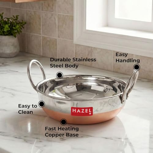 Image of HAZEL Copper Bottom Kadhai, 1500 ml | Stainless Steel Cookware for Cooking | Steel Vessel Deep Cooking Kadhai |Durable Steel Utensil