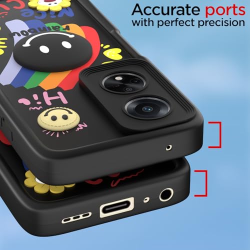 Image of Pikkme Back Cover for Oppo F23 5G | Soft Silicone| Cute Rainbow Smile & 3D Cartoon Flower Design | Shockproof Raised Camera Protection Bumper Case (Black)