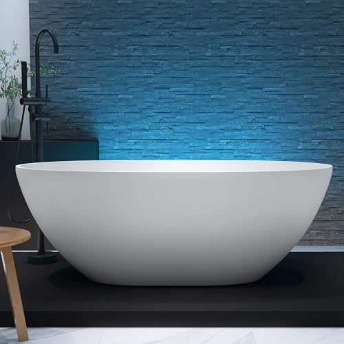 MEDUNJESS 61'' Resin Stone Soaking Bathtub Oval Solid Surface Freestanding Soaking Bathtubs Matte White Soaking Tub with Overflow and Pop up Drain - White