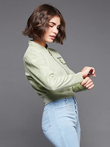 Image of Miss Chase Women's Off White V-Neck Full Sleeves Bomber Cropped Jacket