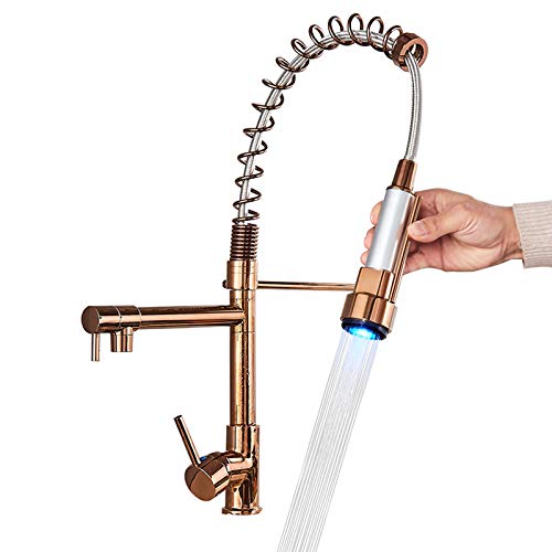 DanPiang Rose Gold Kitchen Faucets , LED Kitchen Sink Faucet with Pull Out Sprayer,Single Hole Deck Mount, Single Handle Brass