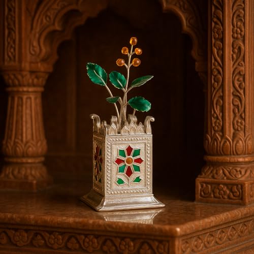 Image of 925 Sterling Silver Tulsi Basil Plant with Pot | Handcrafted Pooja Article for Home Temple | Auspicious Spiritual Decor | Prosperity Symbol | Gift for Diwali, Festivals, Housewarming