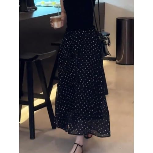 Black Polka Dot Skirt Sheer A Line Elastic Waist Midi Vintage Elegant Summer Casual Streetwear Skirt4
