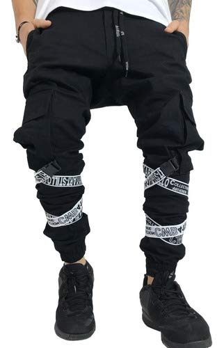 Calça Jogger Masculina Preta Sarja Com Fitas Tamanho:44;Cor:Preto