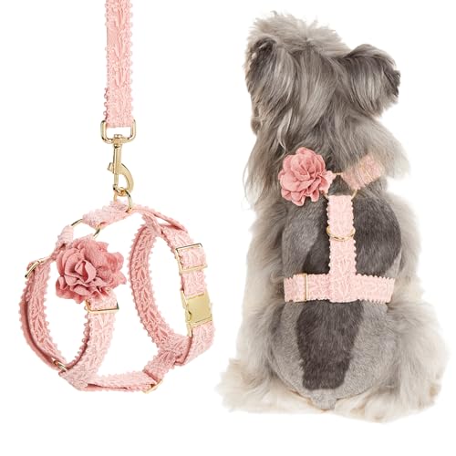 UOSIA かわいい女の子用 大型犬ハーネス&リードセット ピンクレース フラワー柄 調節可能 犬用ハーネス 金属バックル付き 引っ張り防止 ペット用ウェディングベスト 中型〜大型犬用