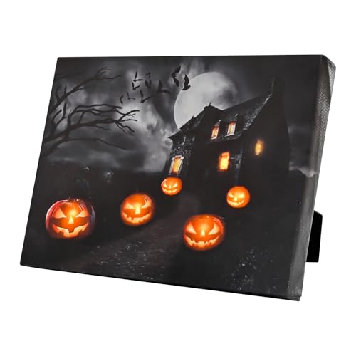 Image of Framed LED Lighted Canvas Pictures with Timer, Vintage Halloween Canvas Wall Art for Home Sidedesk Tabletop Wall Decor, Pumpkin Raven Bats Painting Print 8x6 IN
