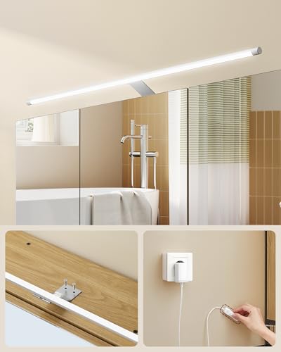 VASAGLE Armario de Baño con Iluminación LED, 14,5 x 70 x 70 cm, Espejo 3 Puertas, Mueble de Pared con Espejo, Enchufe, Cesta, Soporte para Secador, Roble Natural BBK124Y01 - imagen 4