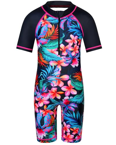 Image of TFJH E Short Sleeve Girls Swimsuits UV 50+ One Pieces Zipper 2-14Y | From beach vacations and pool parties to cruises and water parks, this colorful floral swimsuit is her summer favorite
