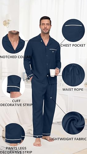 PrinStory Men's Pajamas Set Sleepwear Pjs Lightweight Long Sleeve Button Down Notched Collar Pajama Comfy Sleep Sets S-2XL2