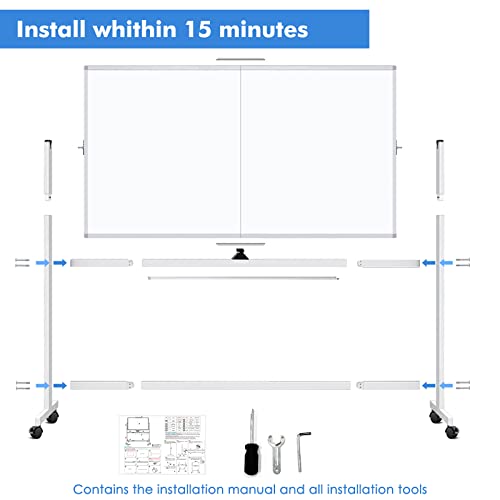 Double Sided Rolling Whiteboard, 72 x 40 Large White Board with Stands, 360° Reversible Magnetic Dry Erase Board on Wheels for School, Classroom, Office