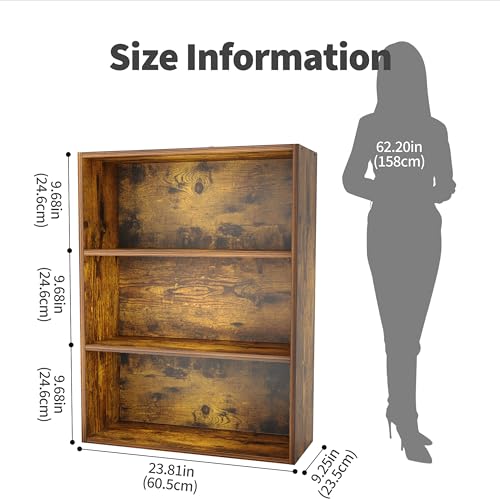 Image of HealSmart 3 Tier Bookcase, Industrial 3 Book Shelf, 9.2 inch D x 23.8 inch W x 31.5 inch H Tall Open Cube Storage Organizer for Home Office, Living Room, Bedroom and Dinning Room, Brown
