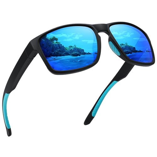 Ofwin Sports Polarized Sunglasses for Men Women UV Protection Unbreakable Driving Running Fishing Hiking Sun Glasses Matte Black Frame/Blue Mirror Lens