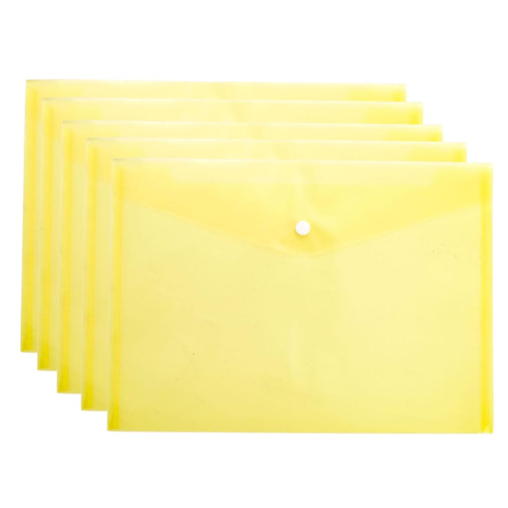 5PCS A4 Plastic File Bag, Document Folder Waterproof, Plastic Envelopes Wallet with Snap Button for School Home Office, Yellow