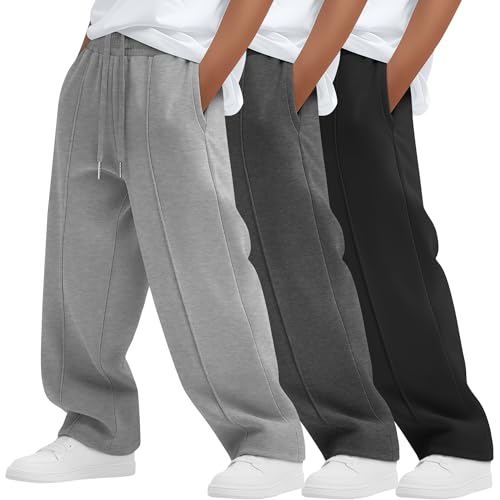 LessonZoo 3 Pack Boys Baggy Sweatpants Wide Leg Open Bottom Pants Kids Athletic Drawstring Joggers with Pockets 5-14 Years(Black Dark Heather Gray Light Heather Gray 9-10 Years)