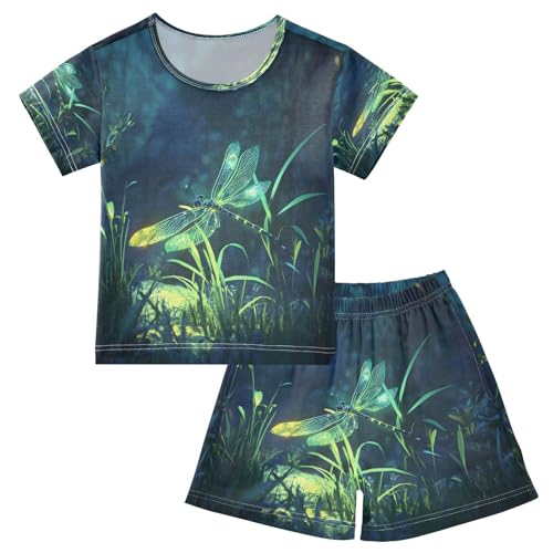 ALAZA Dragonfly Green Leaf Pajamas Set Short Sleeve Cotton Sleepwear Summer Pjs 2 Piece 5-14Y