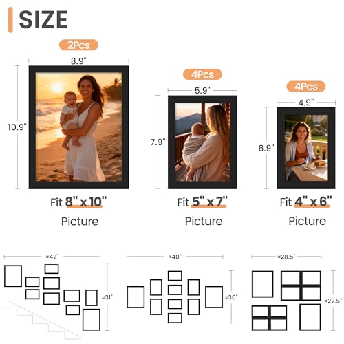 upsimples 10 Pack Picture Frames Collage Wall Decor for Mounting or Tabletop Display, Photo Gallery Frame Set for Family, Multi Sizes Including 8x10, 5x7, 4x6, Black - Image 3