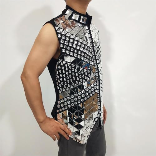 Men's Black Vest Crystals Mirrors Bling White Waistcoat For Show Performance Party3