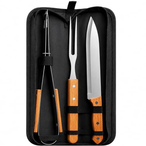 Kit Churrasco 3 Peças Aço Inox Com Cabo de Madeira, Faca Garfo e Pegador Com Estojo, Para Churrasqueiro, Camping e Viagens